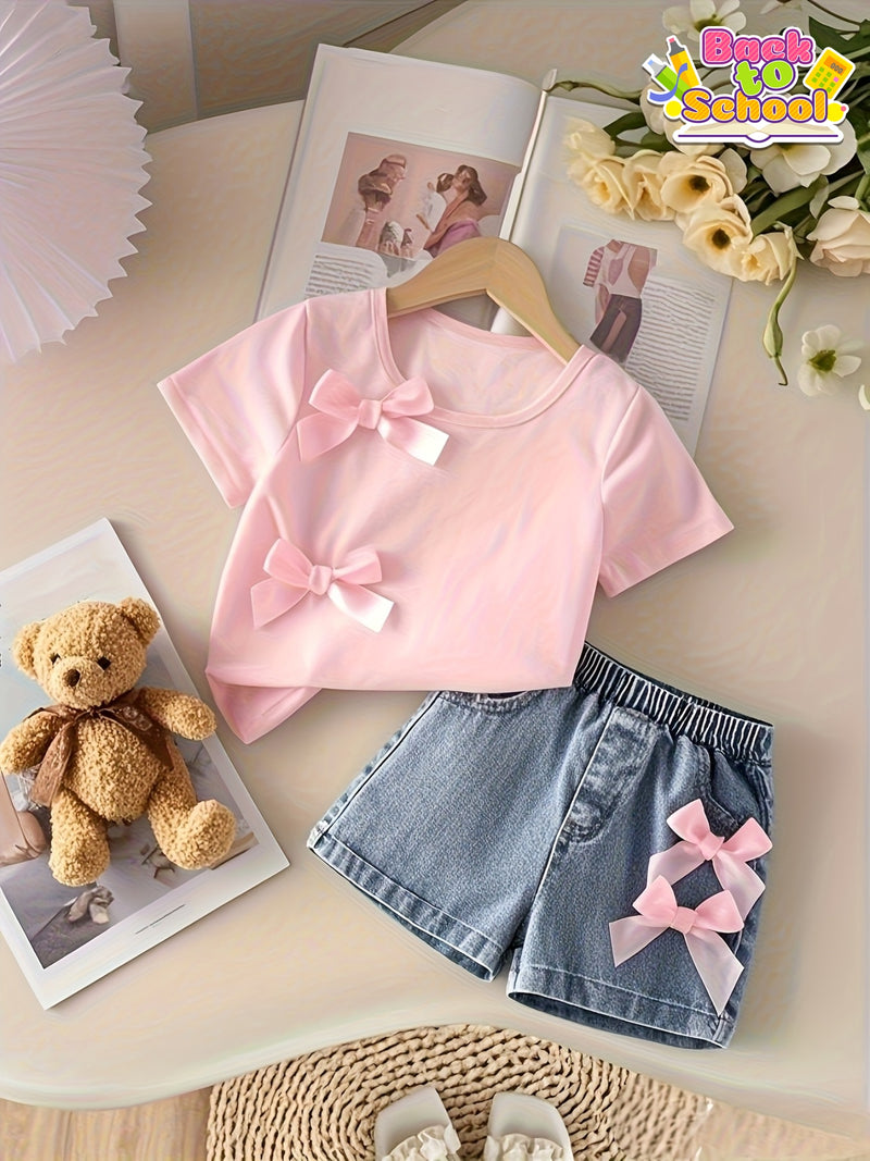 Pink T-Shirt + Denim Shorts Set, 2pcs Girls' Denim Outfit with Bow Design.