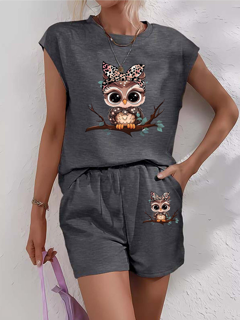 Women’s Graphic Print Two Piece Set, Short Sleeve T-shirt & Shorts.