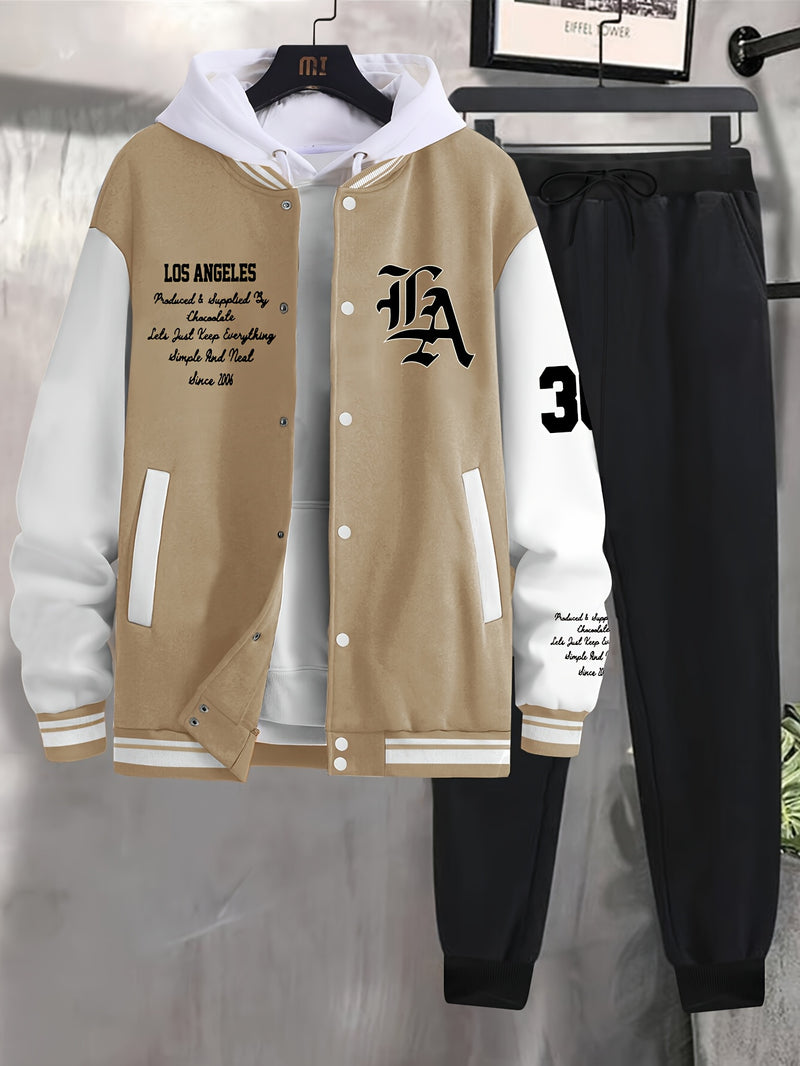 Men's 2pcs Baseball Jacket and Sweatpants Set with Overlapping.