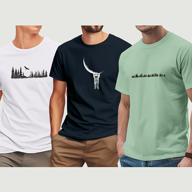 3pcs Men's Short Sleeve Print T-Shirt.