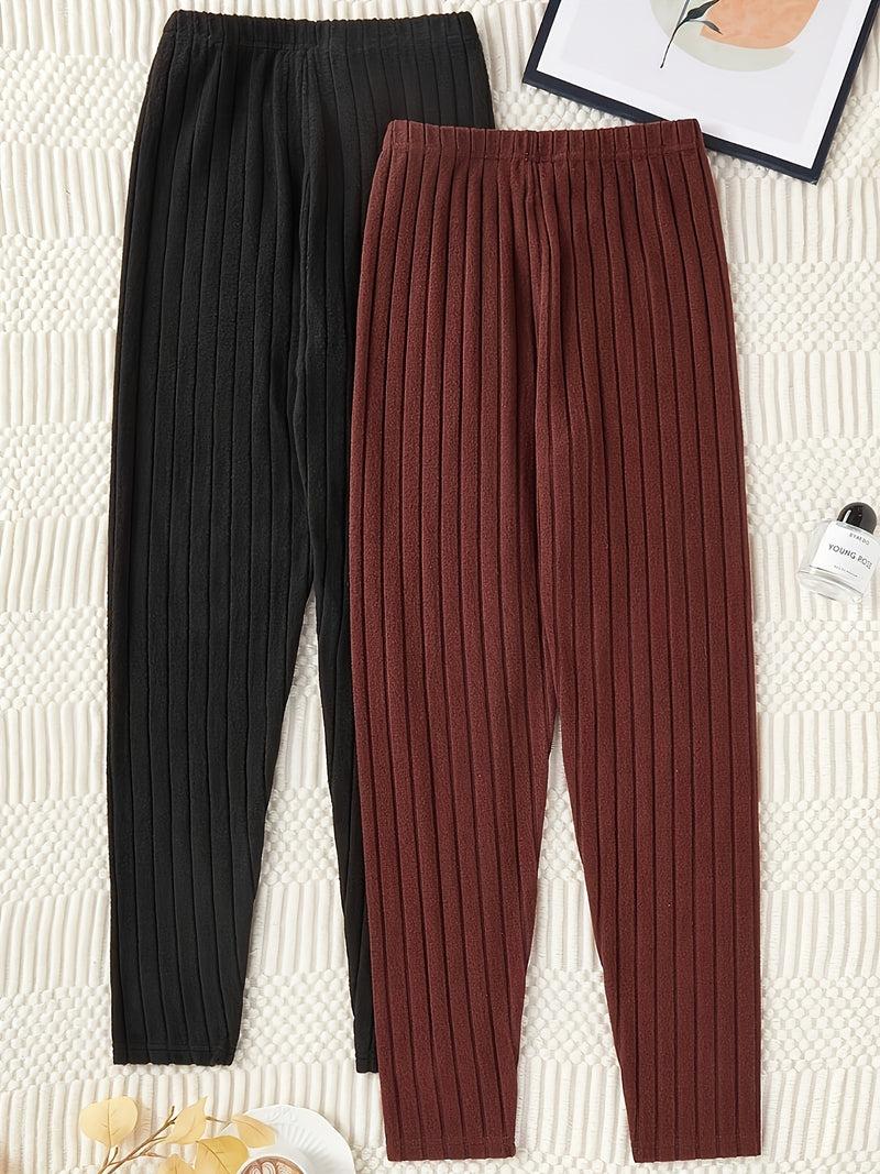 2-Pack Solid Color Fashion Ribbed Casual Wide Leg Women's Pants.