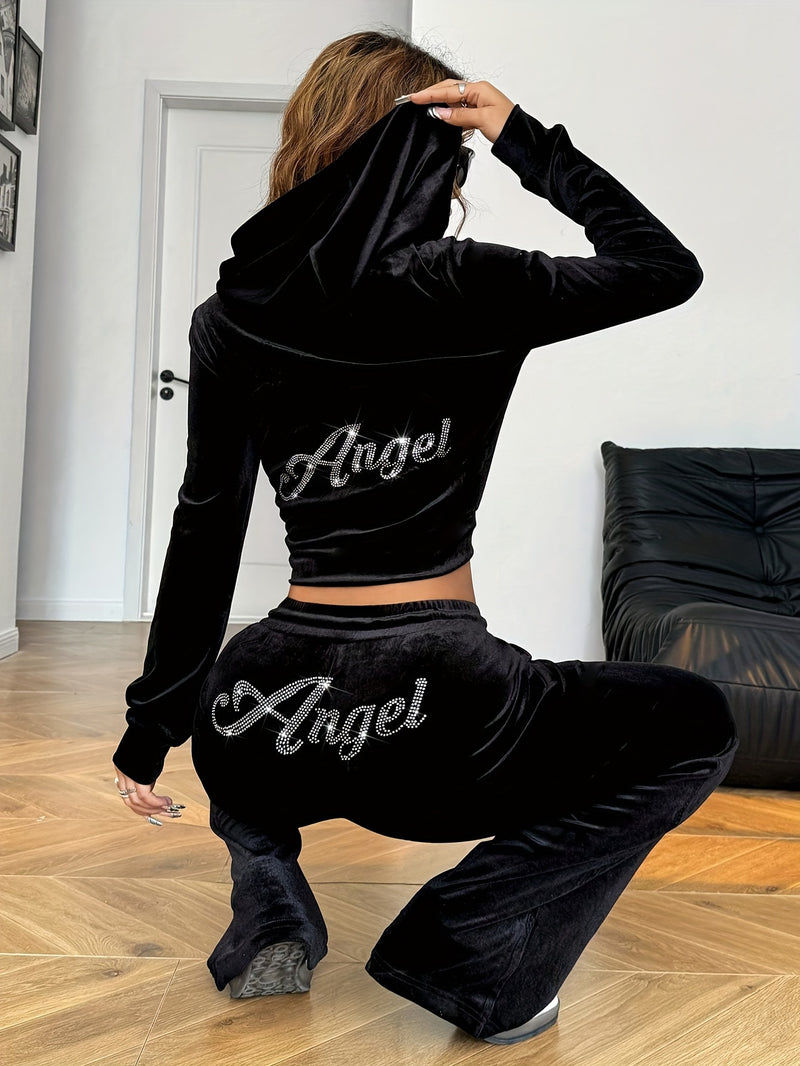 Women’s Black Rhinestone Decorated Hooded Zipper Top and Pocket Pants.