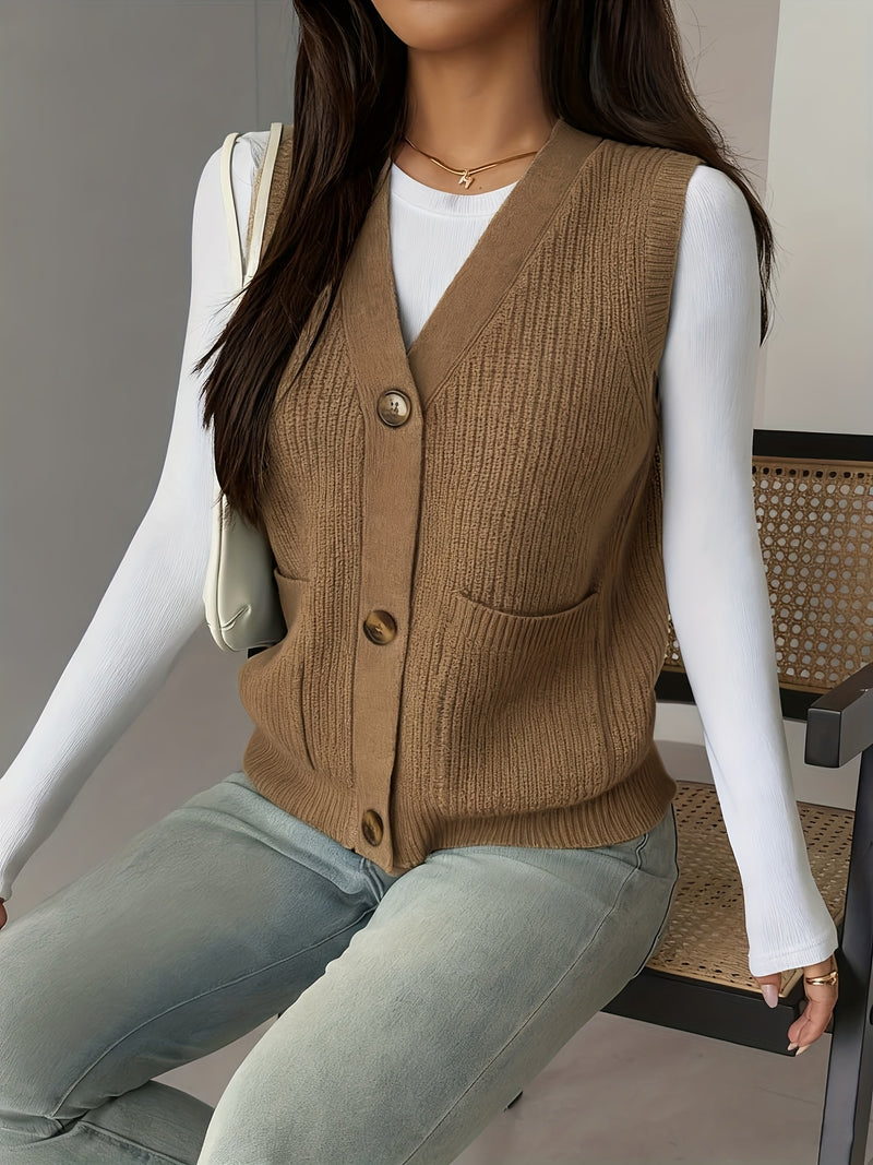 New Solid Color V-Neck Pocket Women's Sweater Vest.