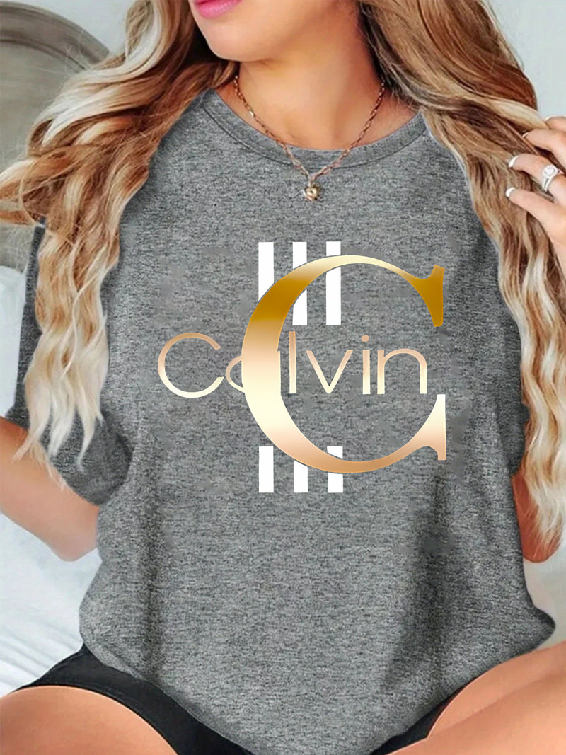 Women's Short-Sleeve Round-Neck T-Shirt with A-Z Letter Print.