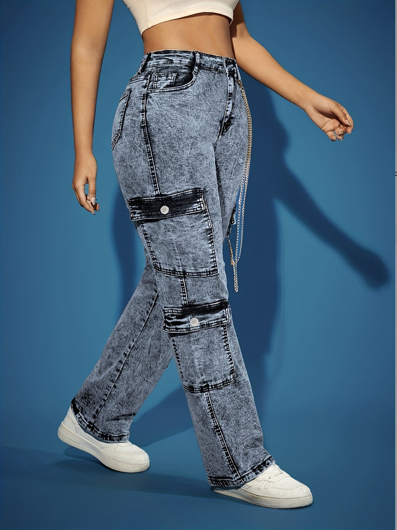 Women's High-Waisted Stretch Denim Cargo Pants.