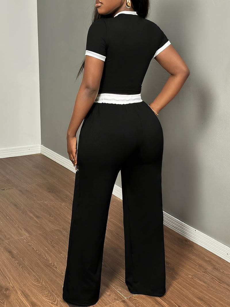 Women's Sexy Color Block Short-Sleeved T-Shirt And High-Waisted Belt Bandage Trousers.