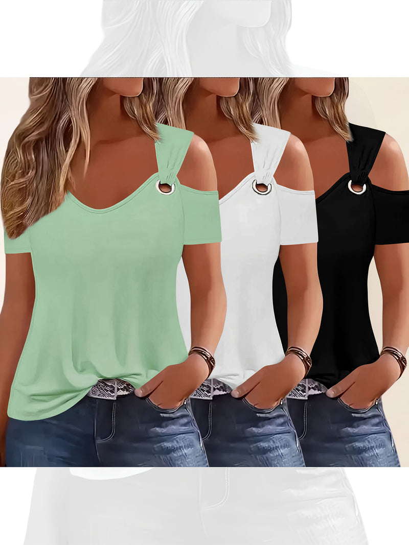 Three-Piece Summer Off-Shoulder Short-Sleeve T-Shirt for Women.