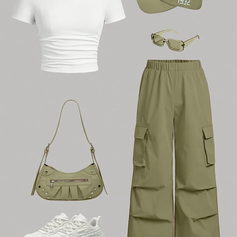 Directional Round Neck Short Sleeve T-Shirt and Work Pants Set.
