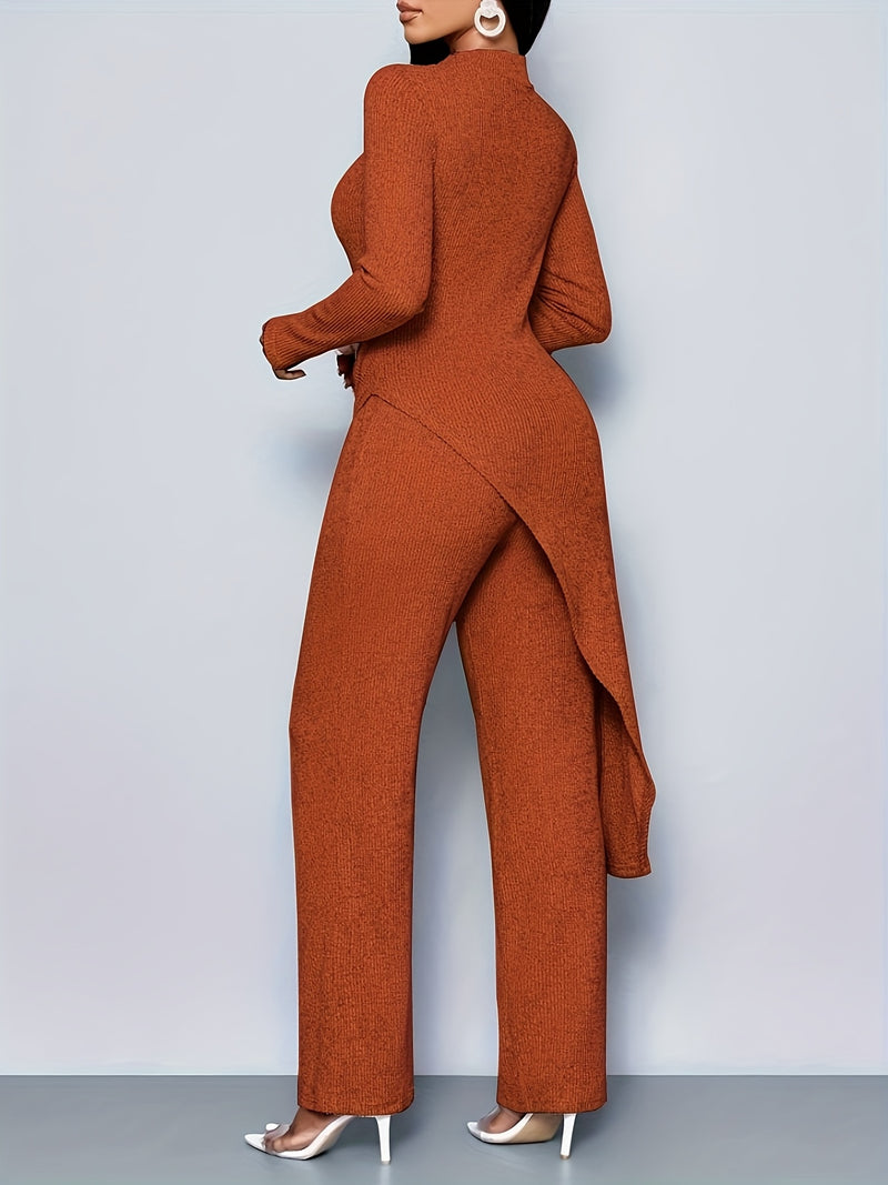 Women's Elegant Solid Color Fleece Ribbed Asymmetric Hem Top Paired with Flared Pants.