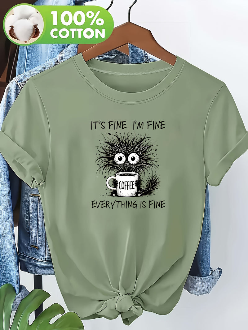 Women's Cat Print Round Neck Short Sleeve T-Shirt.