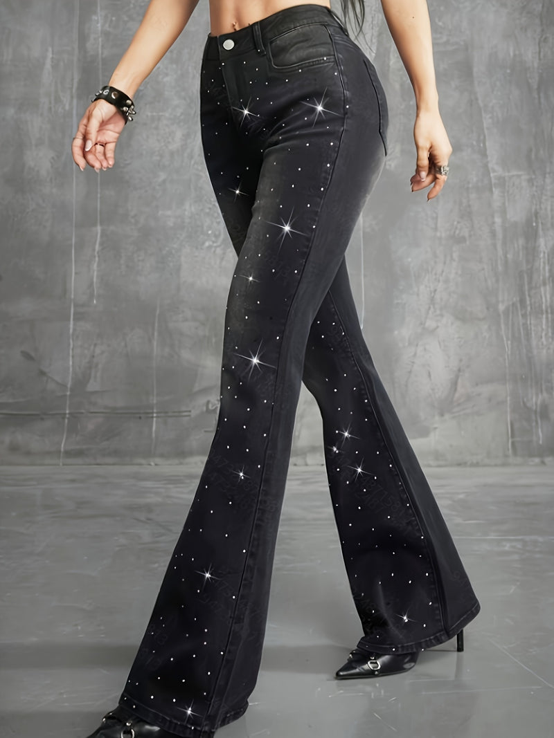 Women's Fashion Carnival Denim Rhinestone Low-Rise Flare Jeans.