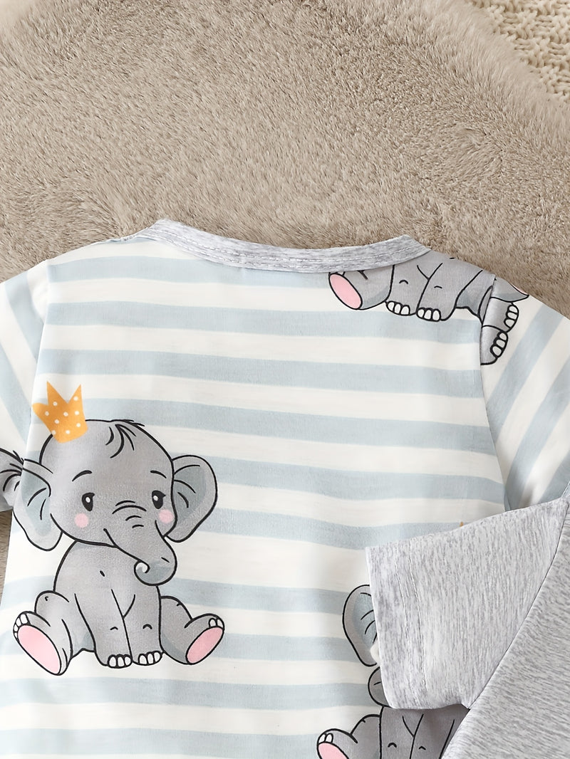 Two Sets of Baby Short-Sleeve Bodysuits with Elephant Patterns.