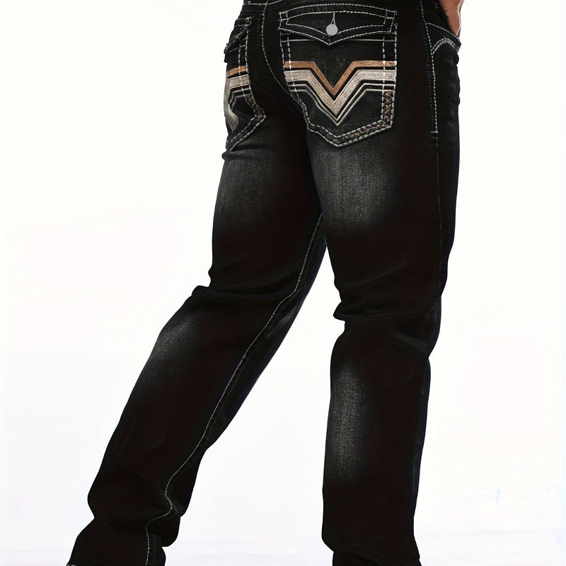 Men's Vintage-Inspired Slim Fit Embroidered Stretch Jeans.