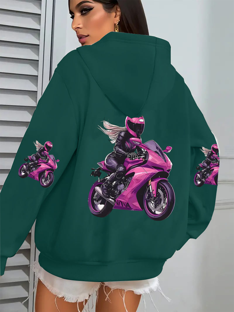 Ladies' Zipper Hoodie, Handsome Female Rider Cycling Pattern.