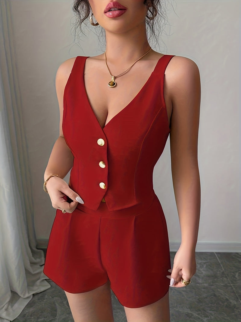 Women's Casual Commuter Simple Solid Color Front Button Vest + Shorts 2pcs.
