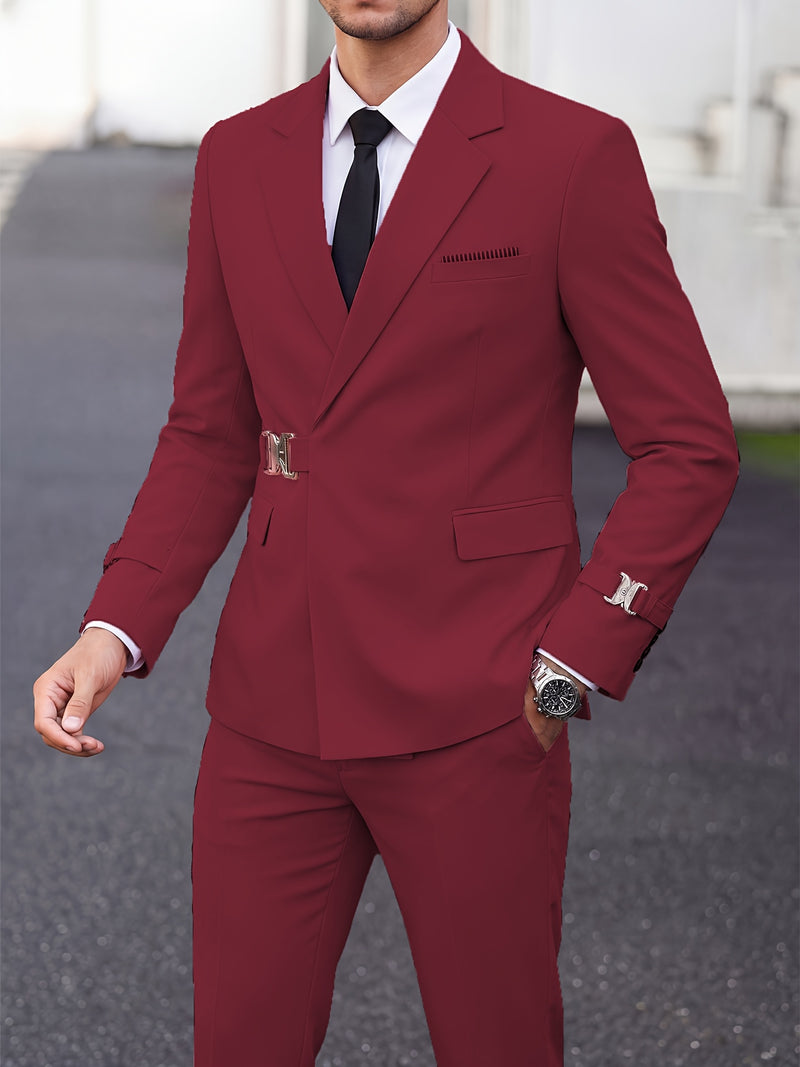 Men's 2pcs Suit Slim Fit Solid Jacket and Pants Set.