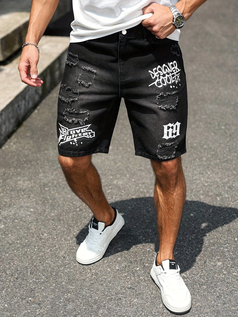 Men'S Casual Distressed Denim Shorts with "DESIGNER COOL" Print - Black & Gray.