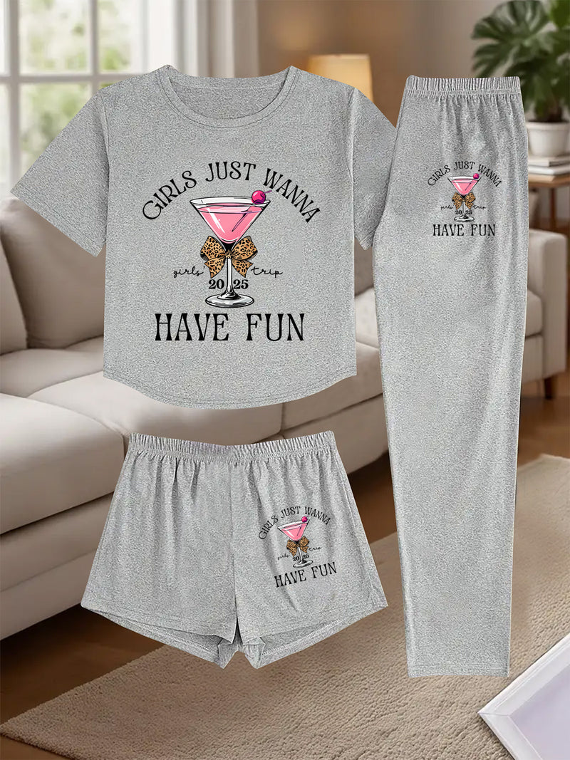 A Three-Piece Women's Loungewear Set, Featuring a Printed Design.