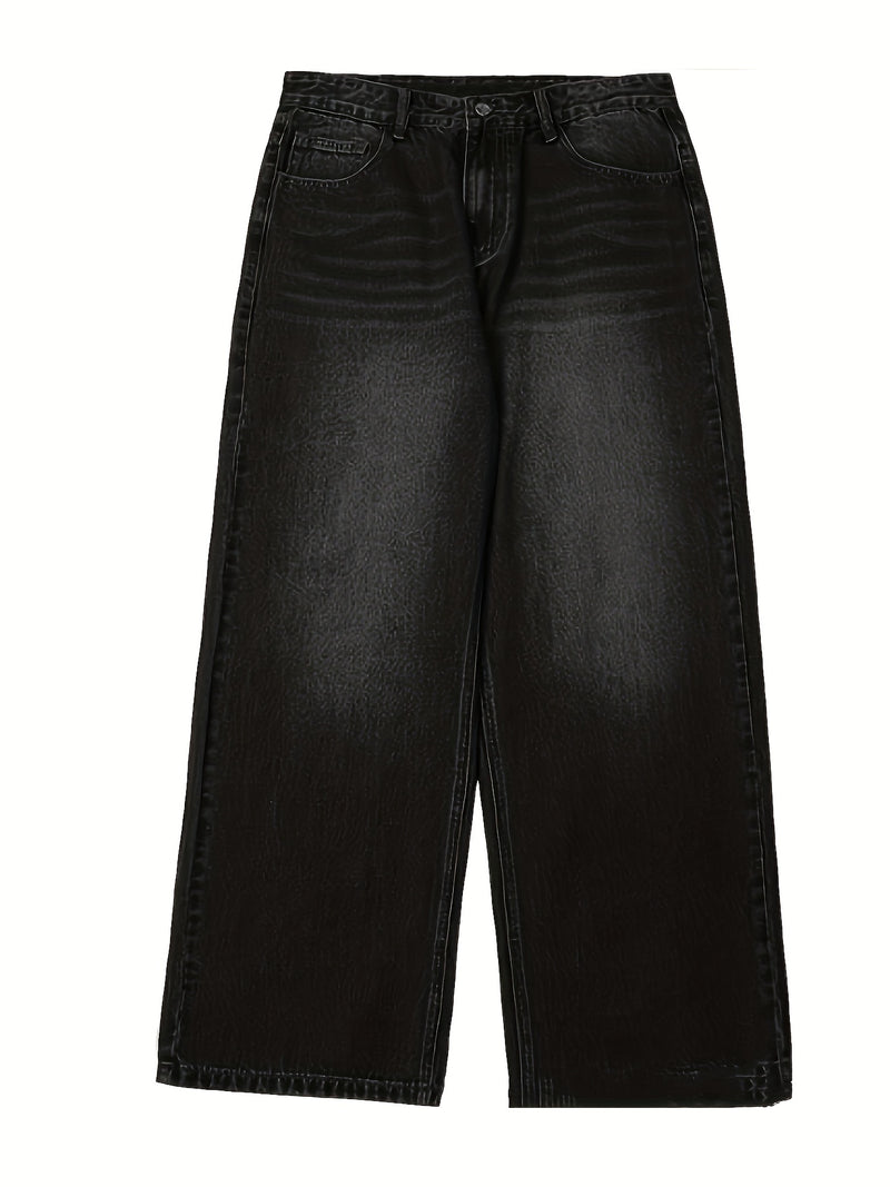 Men's Black Wide-Leg Loose-Fitting Jeans That Drag on The Ground.