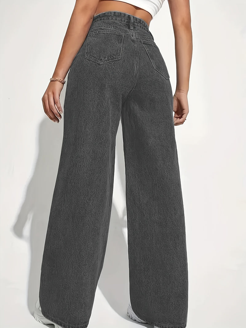 Wide Leg Jeans High Stretch, Washed Solid Color for Women.