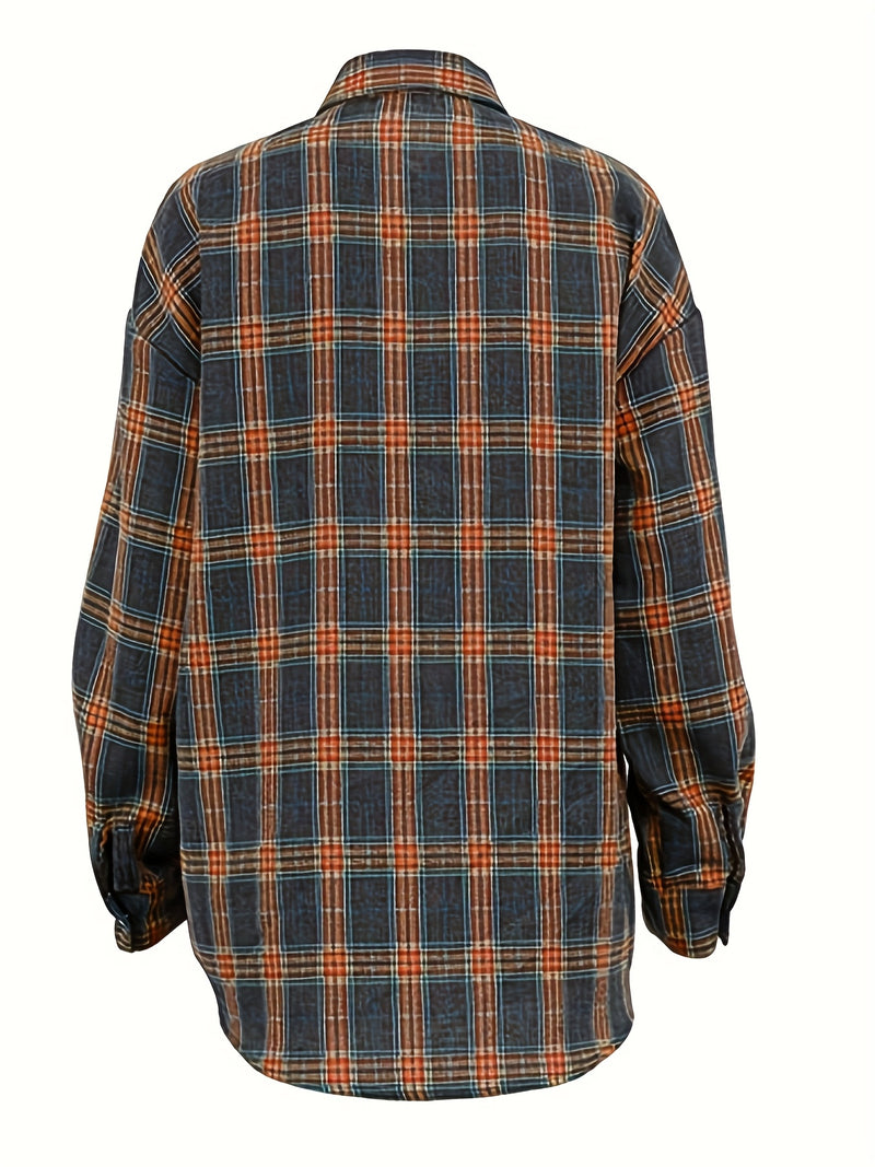 Spring Plaid Long-sleeve Pocket Women's Blouse.