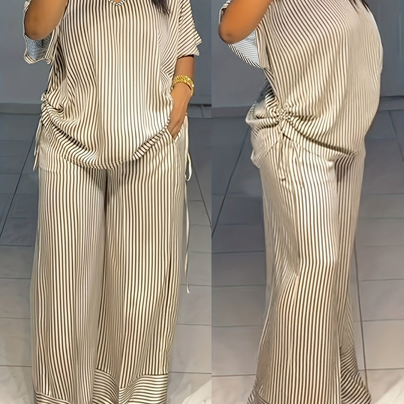 Women's New Casual Loose V-Neck Striped Short Sleeve Top and Wide Leg Pants.