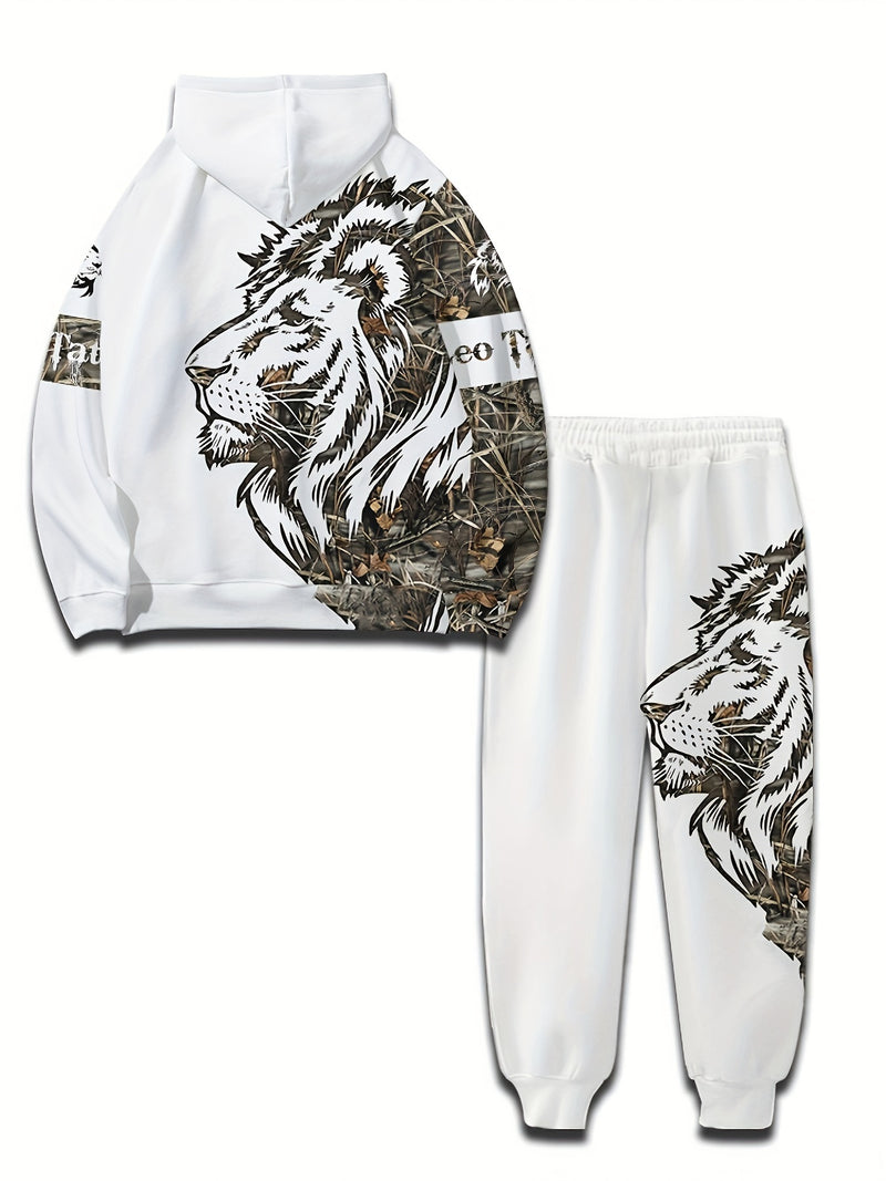 Polyester Hooded Tracksuit Set for Men - Casual Geometric Lion Print.