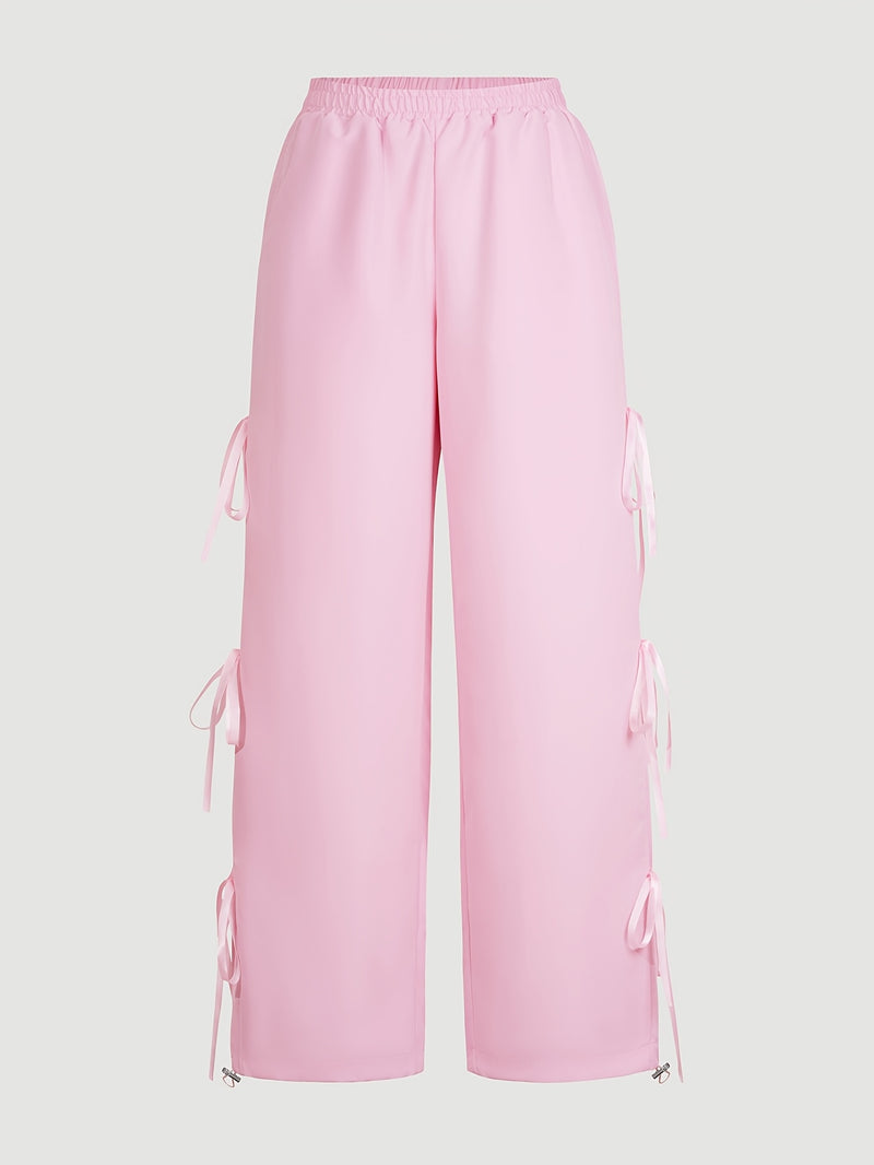 Women’s Elastic Waist Suitable for Spring, Wide-Leg Pants with Side Bow.