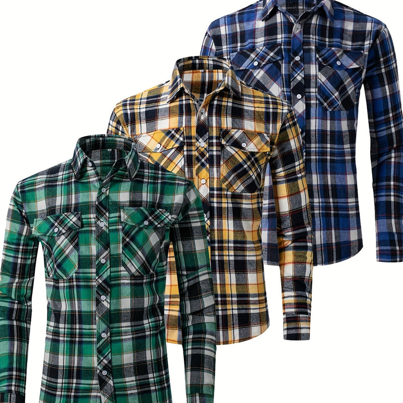 3pcs Men's Plaid Shirts with Top Lapel Long Sleeve.