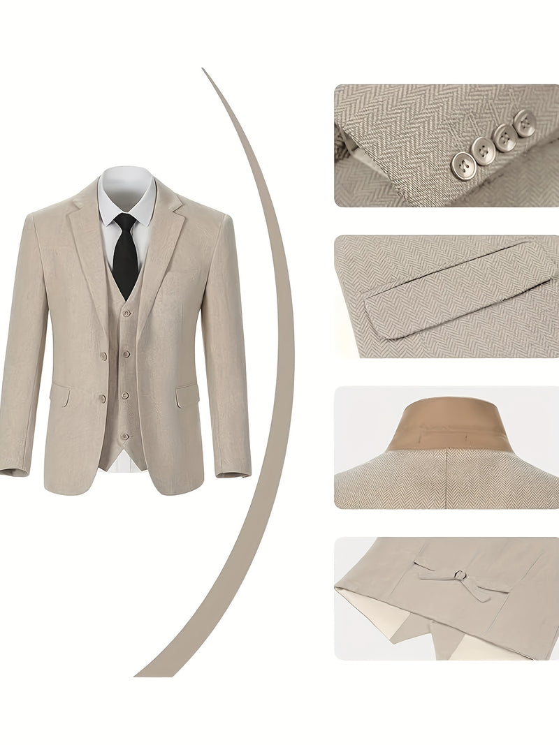 Men's 3pcs Suit Made of Blended Herringbone Fabric.