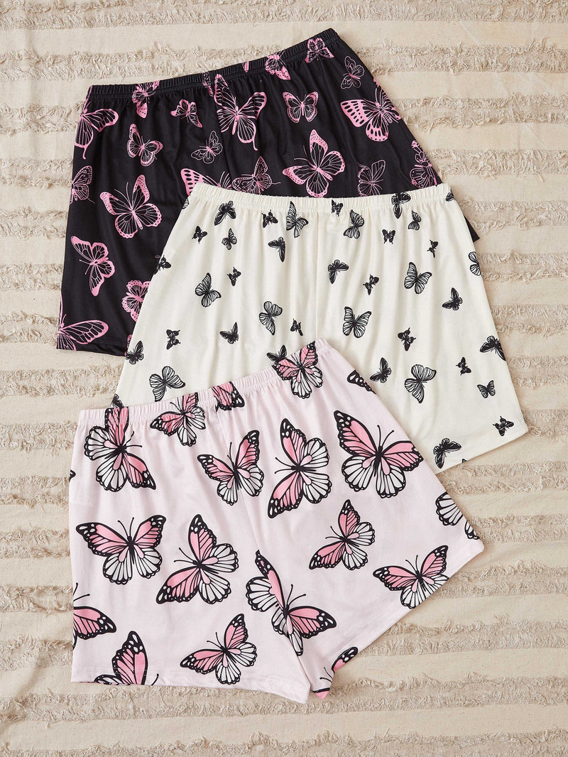3pcs Allover Butterfly Print Clothing Bottoms, Casual Bow Decor Elastic Fit Shorts.