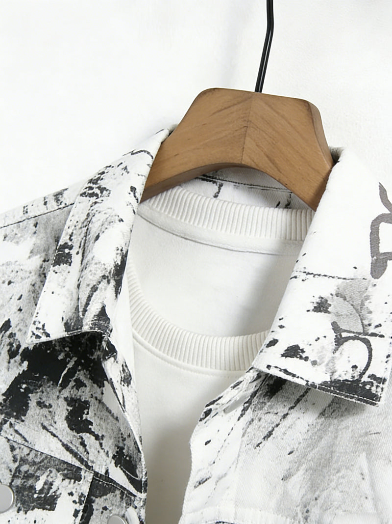 Men's Splatter Print Denim Set - Black and White Splatter Print.