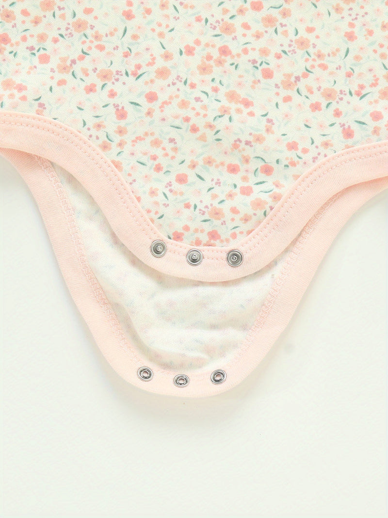 Four-Piece Infant Romper, Long-Sleeve Top, and Footed Pants Set.