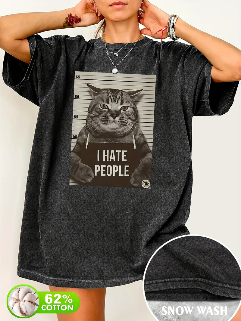 Cat Print Loose Round Neck Fashion Women's Wash Short Sleeve.