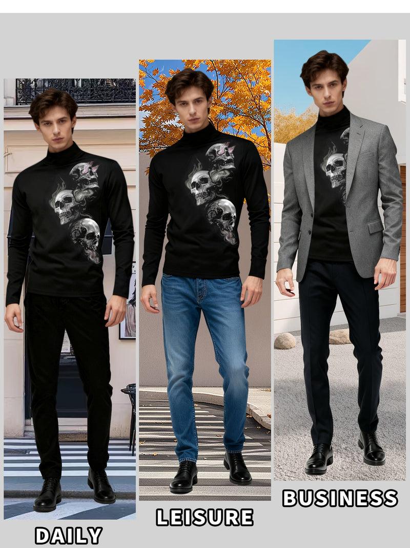 Men's Fall Three Skull Print Casual Comfort Long Sleeve Crew Neck T-Shirt.