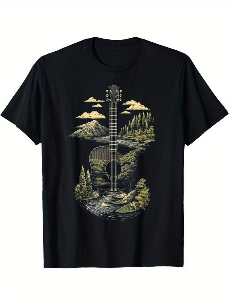 Men's Black T-Shirt with Acoustic Guitar & Nature Forest Design.