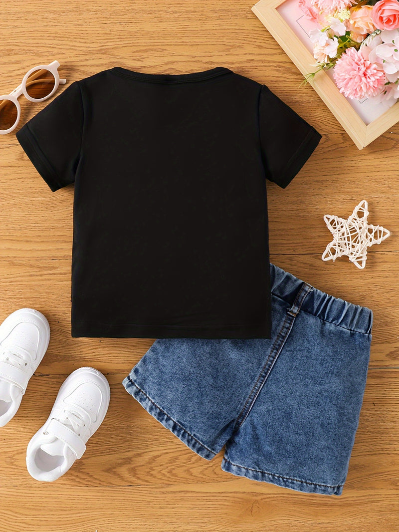 Baby Girl Round Neck Cartoon Girl Letter Pattern Top Casual Denim Shorts.