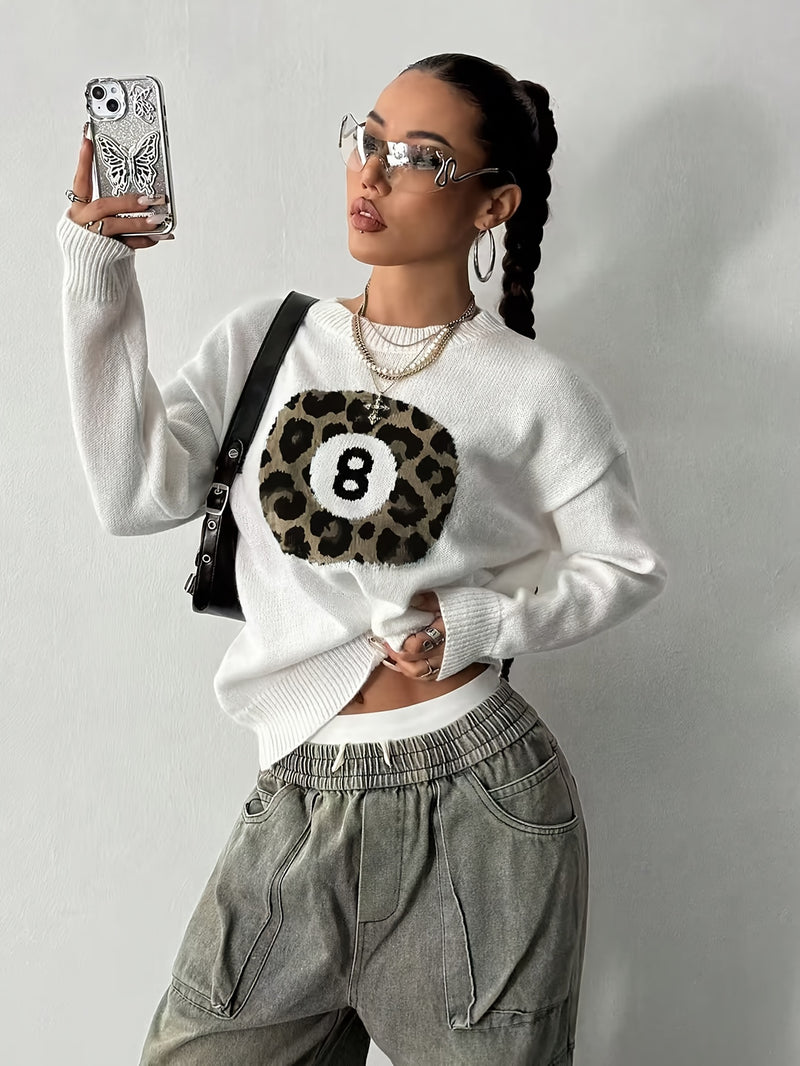 Women’s Fashion Casual Style Leopard Print Ball Design Billiard 8pcs Sweater.