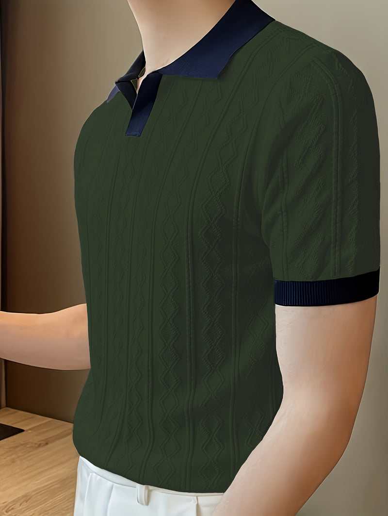 Men's Knit Casual T-Shirt, Fashionable Contrast Color Design.