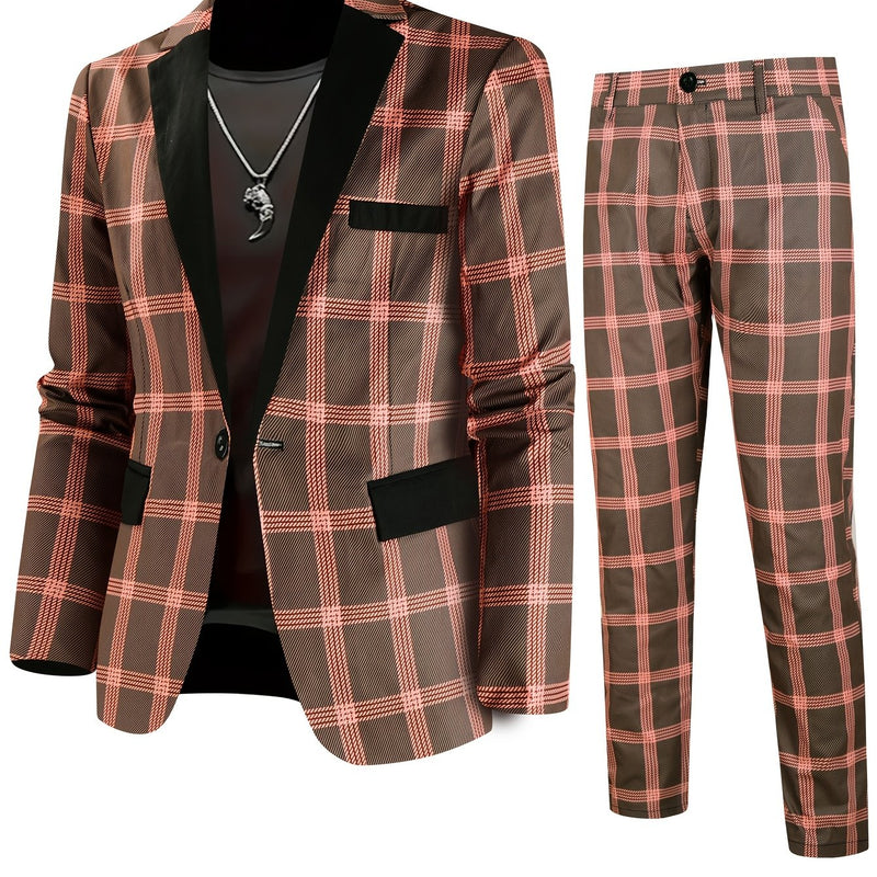 2pcs Men'S Casual Fashion Patchwork Plaid Suit | Non-Stretch Fabric.