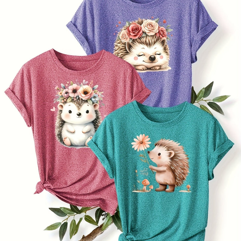 3pcs Women's Cute Hedgehog Graphic T-Shirts.