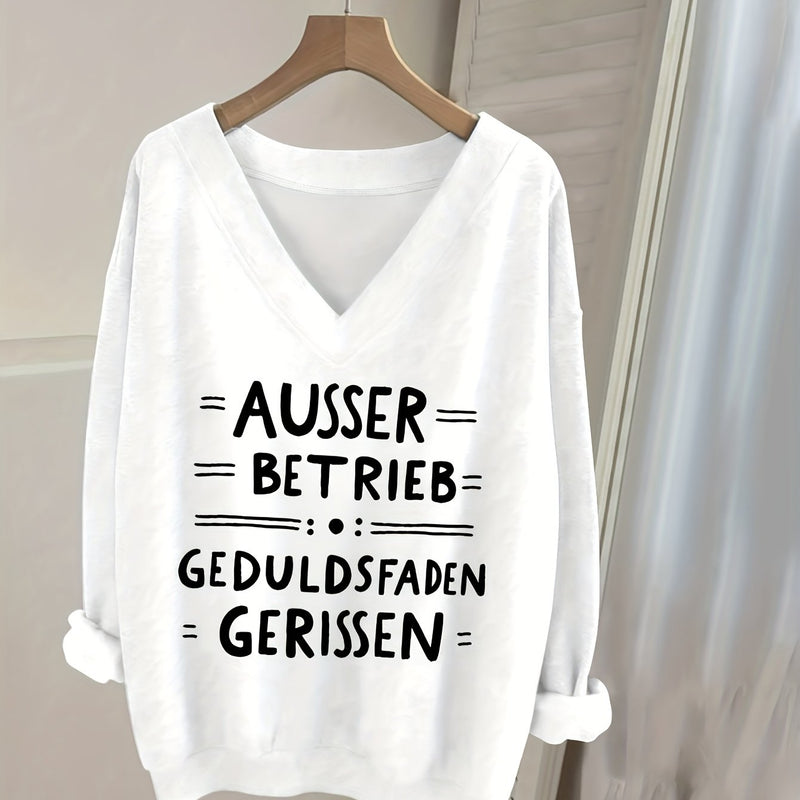 Women's Pink V-Neck Long Sleeve Sweater with German Letter Print.