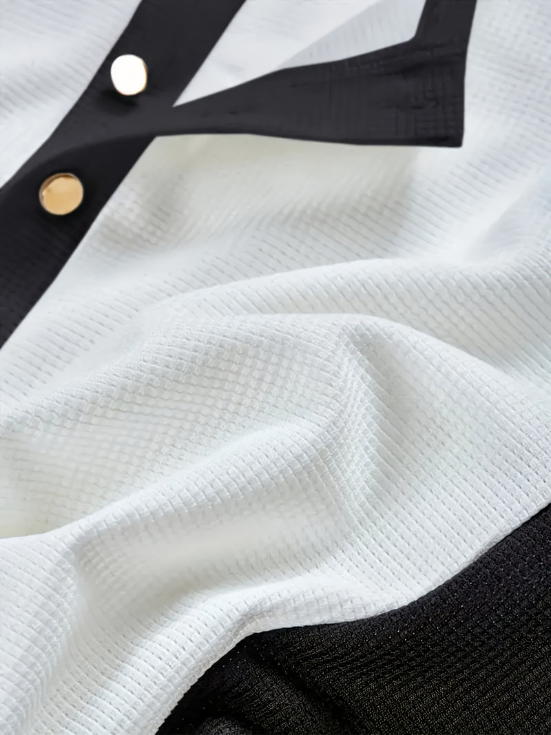 Men's Fashion Waffle Knit Color Block Button-Up Long Sleeve.