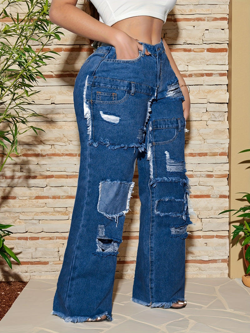 Plus-Size Women's Ripped Denim Long Pants.