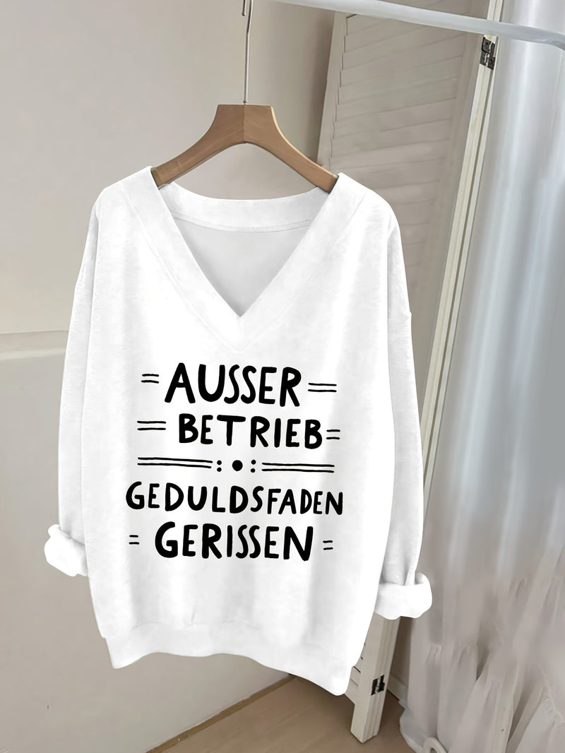 Women's Pink V-Neck Long Sleeve Sweater with German Letter Print.