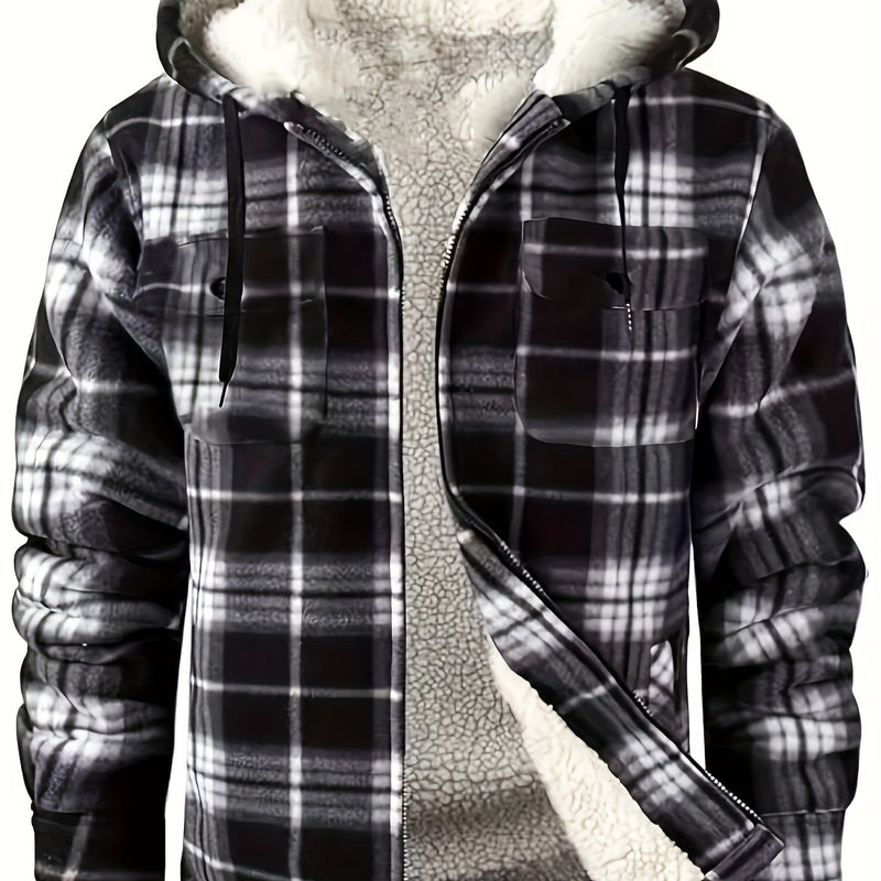 Men's Warm Jacket with Sherpa Lining, Plaid Hooded Zip-Up Winter Coat.