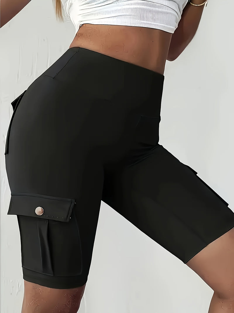 High-Waist Women's Solid Color Athletic Yoga Cargo Shorts for Exercise & Fitness.