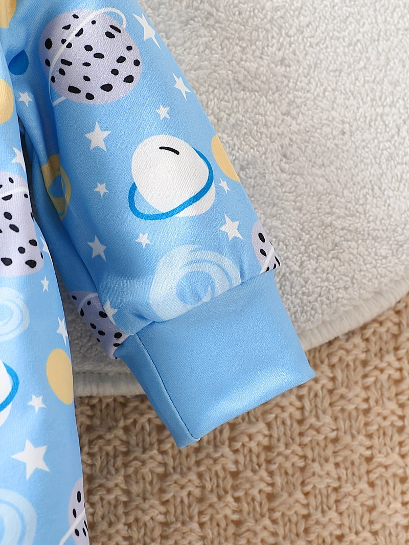 A Set of Three Cute Cartoon-Patterned Footed Onesies with Hats.