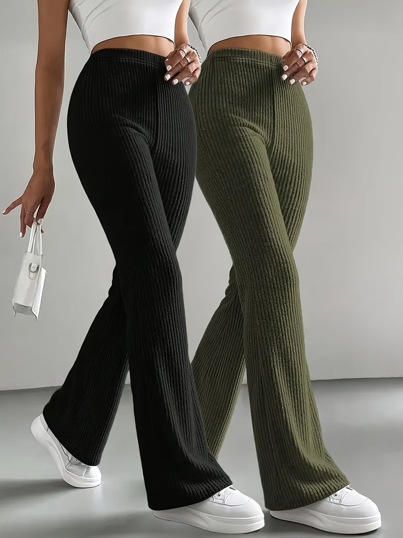 Women’s 2pcs Set Ribbed Simple Striped Casual Solid Color Straight-Leg Wide-Leg Pants.
