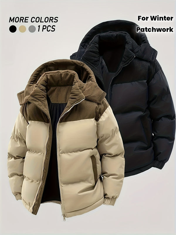 Men'S Thickened Winter Jacket with Corduroy Patchwork And Hood.